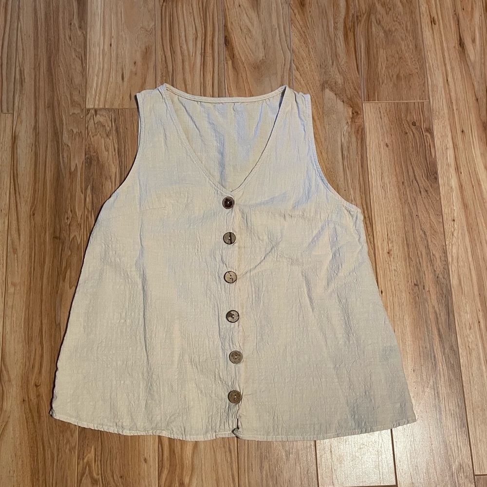 Button Front Solid Sleeveless Blouse Size L